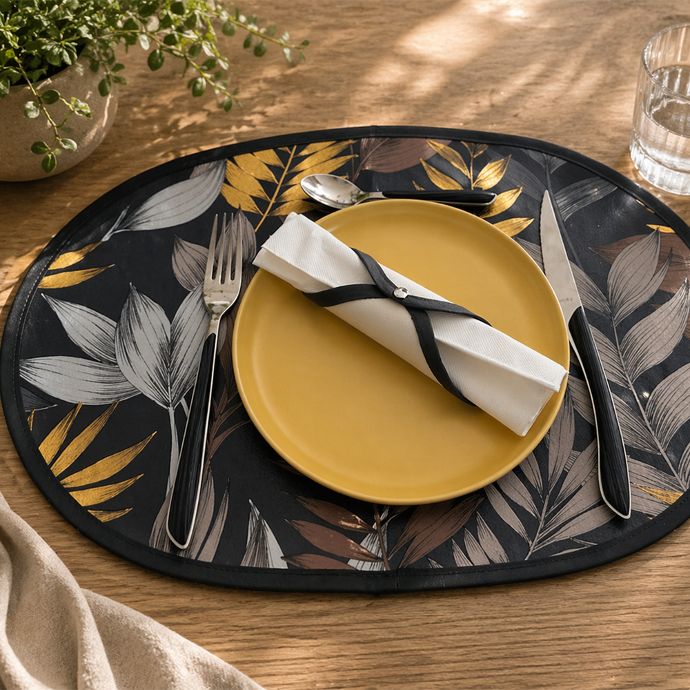 Set de table Jardin Secret fait main – feuillage tropical or et marron